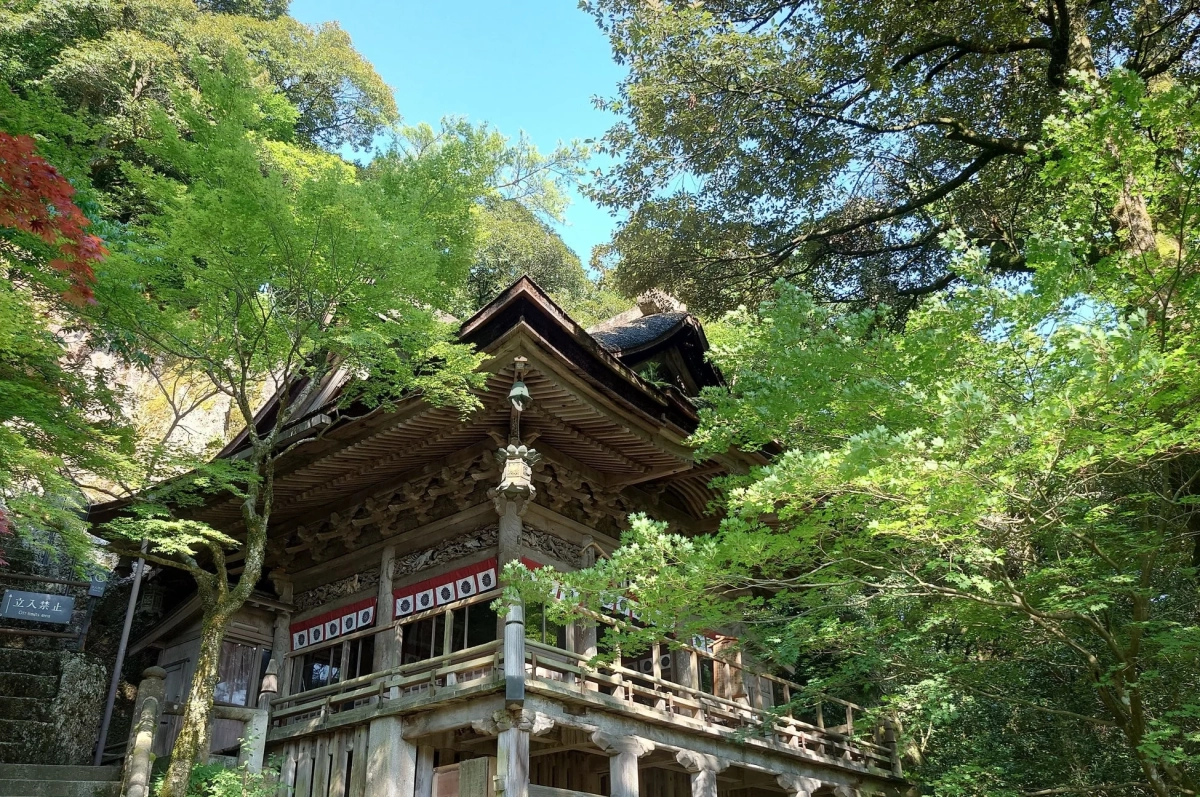 新緑に囲まれた日本の伝統的な寺院