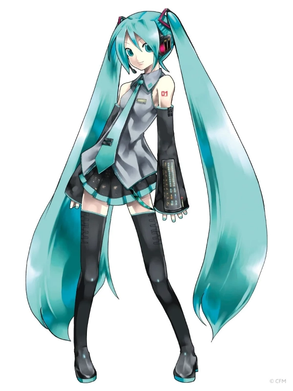 人気バーチャルシンガー、初音ミクの全身イラストです。特徴的なターコイズブルーのツインテールと、制服風の衣装を身につけ、ヘッドホンを装着しています。白い背景に立つ彼女が、親しみやすい笑顔を向けています。