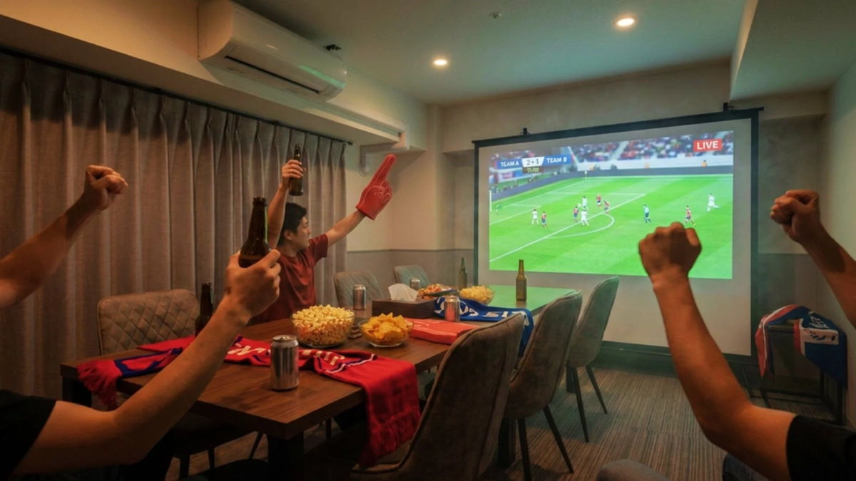 友人たちがリビングでプロジェクターを使いサッカーの試合を大画面で観戦している