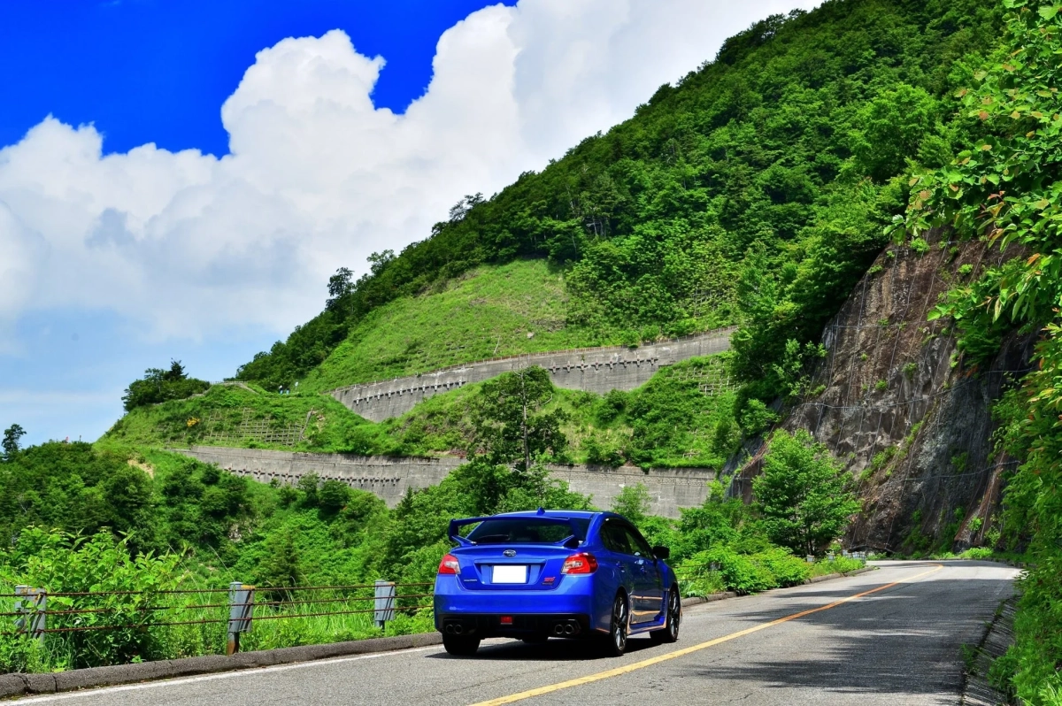 青いスポーツカーが新緑の山道を走行する様子