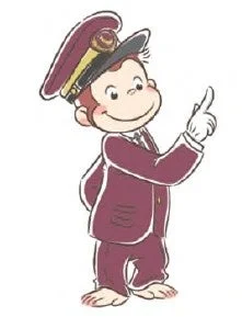 人気キャラクター「おさるのジョージ」が、赤茶色の車掌の制服と帽子を身につけ、何かを指差しているイラストです。