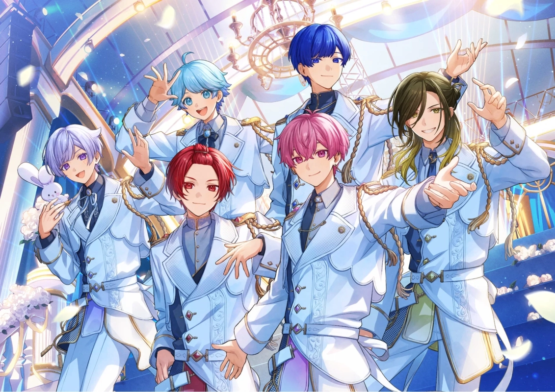 豪華な白い王子様風の衣装をまとった6人の男性アニメキャラクターが、きらびやかなステージで笑顔でポーズをとっています。アイドルグループのイラストのようです。
