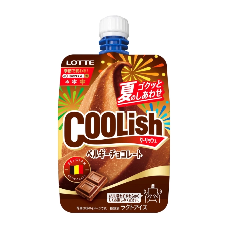 ロッテの「クーリッシュ ベルギーチョコレート」のパッケージ。夏にぴったりのゴクッと飲めるアイスで、ベルギーチョコレートの濃厚な味わいが特徴のラクトアイスです。