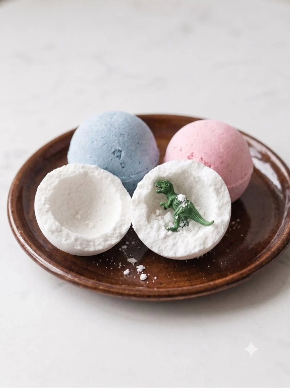 茶色いお皿に置かれた4つのバスボム。1つからは緑色の小さな恐竜のおもちゃが顔を覗かせている