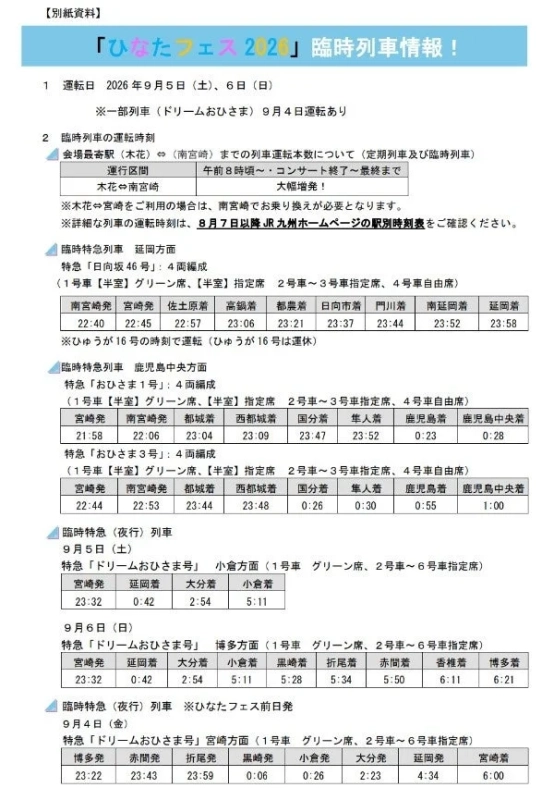 ひなたフェス2026臨時列車情報