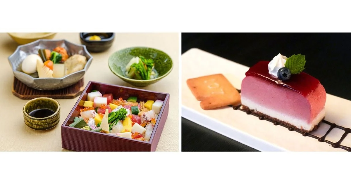 左側には煮物やちらし寿司のような彩り豊かな和食の御膳が、右側にはベリーソースがかかったピンク色の美しいムースケーキが写っています。和食と洋菓子の両方が並べられた食卓の様子です。