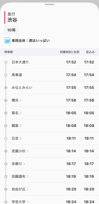 みなとみらい線上り列車停車駅一覧表示画面