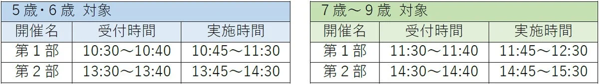 5歳から6歳、7歳から9歳を対象としたイベントの開催スケジュール