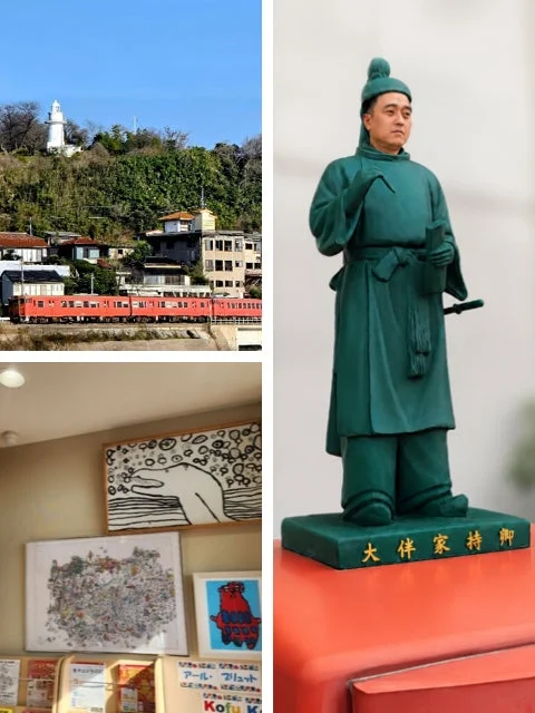灯台のある風景、赤い電車、大伴家持卿の像、そしてアート作品が飾られたギャラリーの様子を捉えた、日本の多様な側面を示す写真です。
