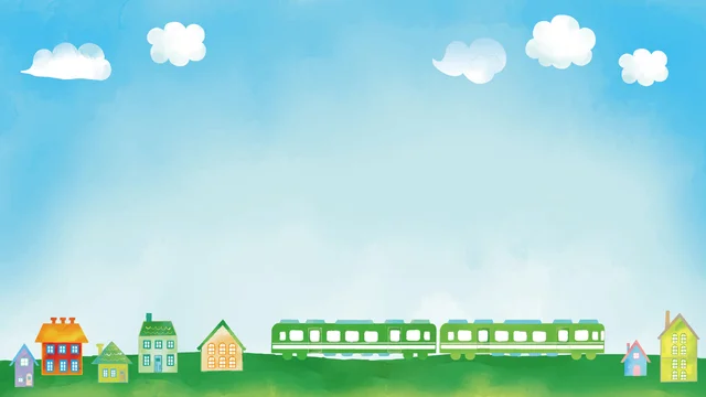 水彩画風の電車が走るのどかな風景のイラスト