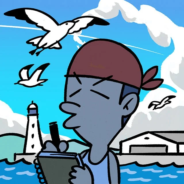 海辺でスケッチをするイラストレーター・小宮貴一郎氏のイラスト