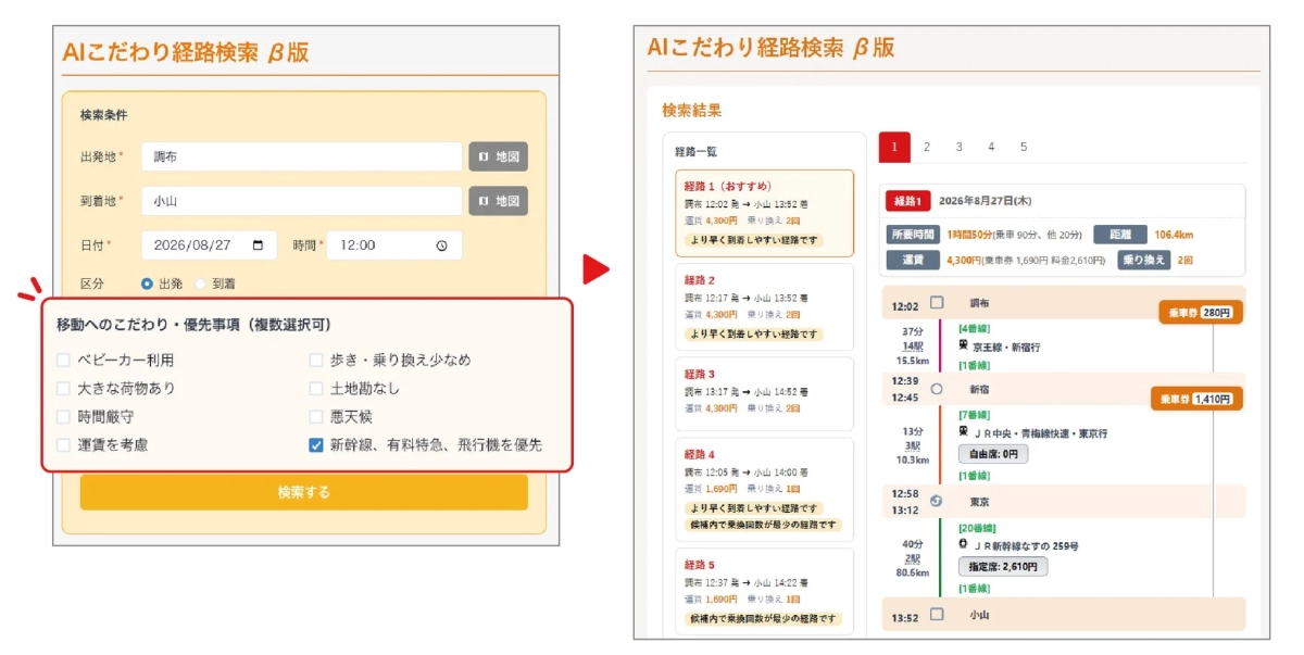 AIこだわり経路検索 β版 検索条件・検索結果画面