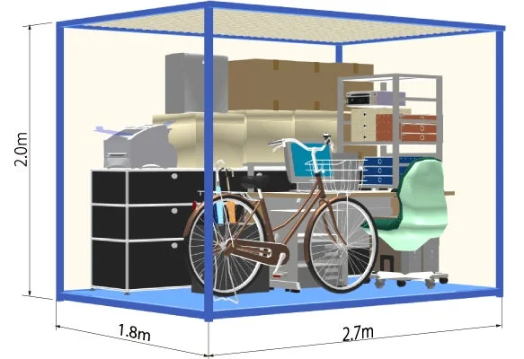 自転車やオフィス用品などを収納した例