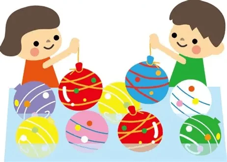 夏祭りで子供たちがカラフルな水風船（ヨーヨー）釣りを夢中になって楽しんでいる様子を描いたイラストです。笑顔の子供たちが夏の遊びを満喫しています。