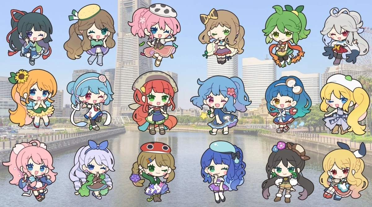 様々な衣装を着た18体の可愛らしいちびキャラの美少女たち